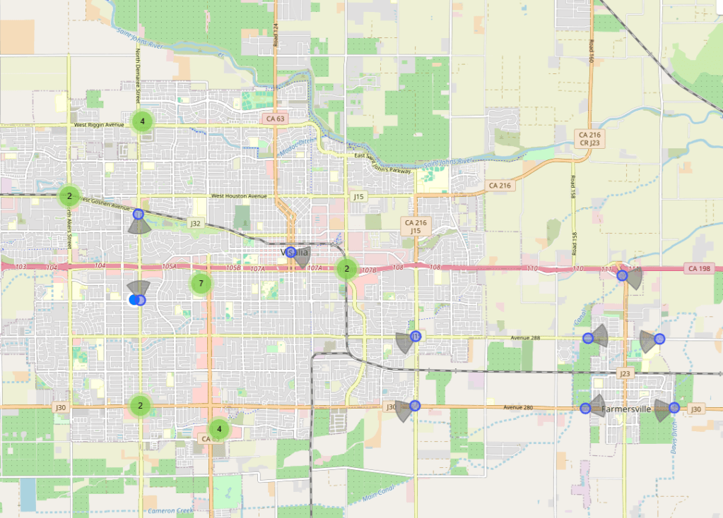 Image of Visalia Flock cameras on a map of the city. 
